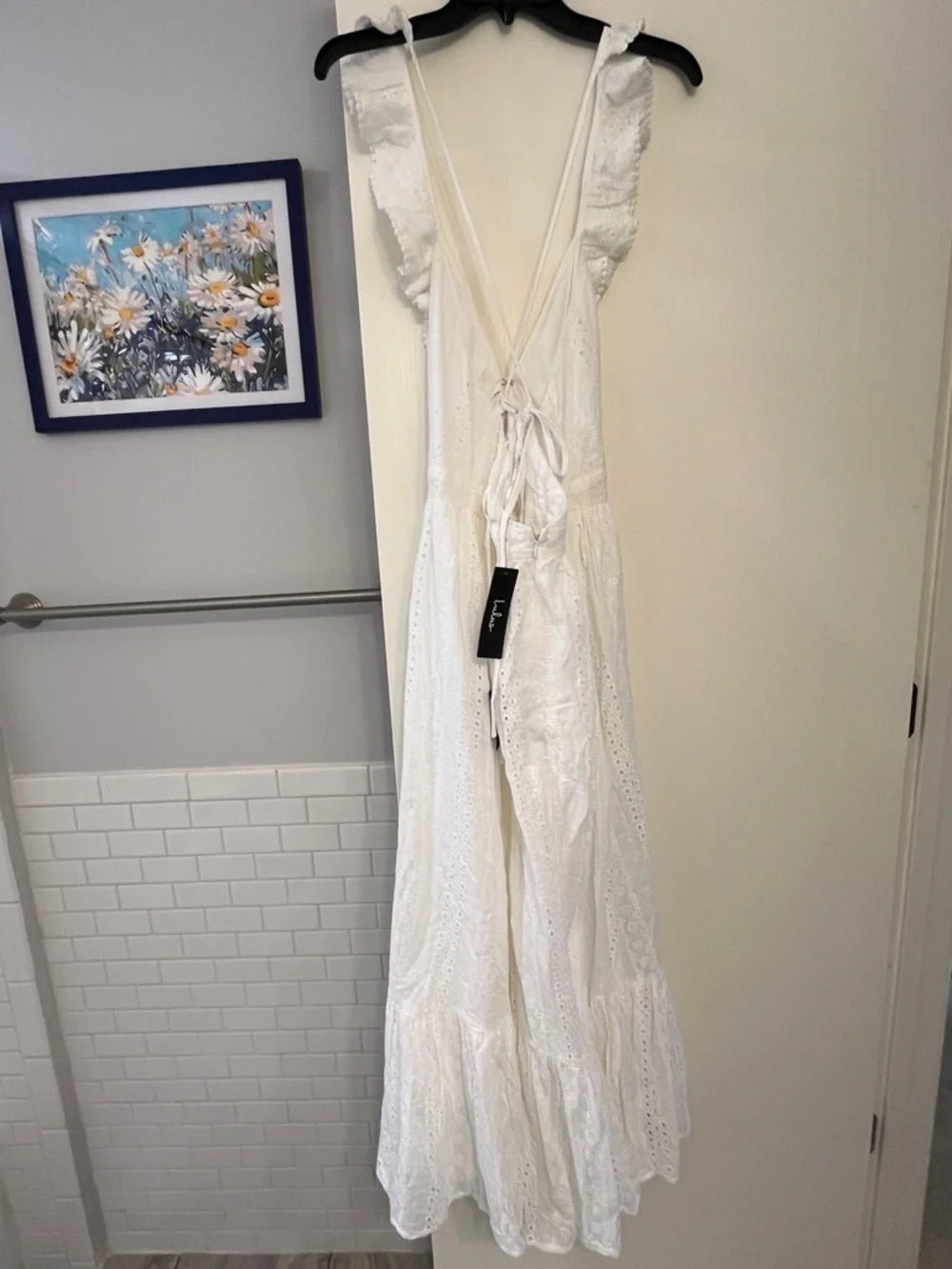 Lulus Sicilian Sun White Eyelet Embroidered Ruffled Lace-Up Midi Dress NWT Sz M - Picture 5 of 13